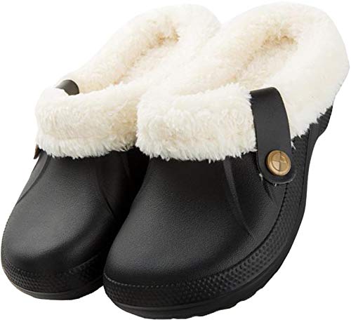 Acfoda Winter Garten Clogs Damen Gefüttert Schlappen mit Lammfell Plüsch Hausschuhe Kinder Kuschel Pantoffeln Flauschige Warm Indoor Slippers Mädchen Jungen Schwarz Gr.37/38 von Acfoda