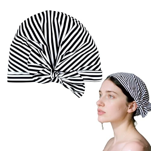 Nzexlyva 1 Stück Duschhauben für Frauen, wasserdicht, wiederverwendbar, Duschhut, Haarkappen, elastischer Saum für kurzes, lockiges und langes Haar, für Männer, Frauen, Mädchen (schwarz-weiße Streifen von Nzexlyva