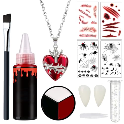 Halloween Schminke, Kunstblut, Vampir Make Up Set, Tattoo Narben, Theaterschminke Halloween Schwarz Weiß Rot, Vampir Zubehör für Kinder und Erwachsene von O-Kinee