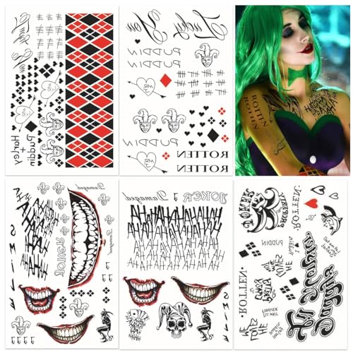 Harley Quinn Tattoo, Tattoos Joker, 5 Large Sheets Temporäre Tattoo Tticker, Kostüm für Halloween Party Cosplay Karneval Fasching Accessoires von O-Kinee