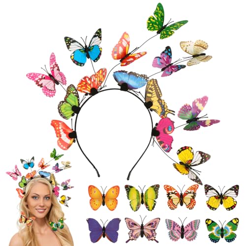 Schmetterling Haarreif,Schmetterlinge Kopfschmuck und 8 Stück Haarspangen,Braut Stirnband Haarband,Buntes Fasching Fascinator Haarreifen,Fee Haarschmuck für Frauen Karneval Accessories Mädchen Damen von O-Kinee