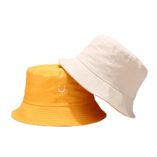 Sonnenhut Kinder,Anglerhut mit Lächeln Mädchen,Fischerhut Faltbar,Sommerhut Outdoor für Mädchen und Jungen,Doppelseitiger Bucket Hat für Kinder von 2–8 Jahren,Weiß und Gelb von O-Kinee
