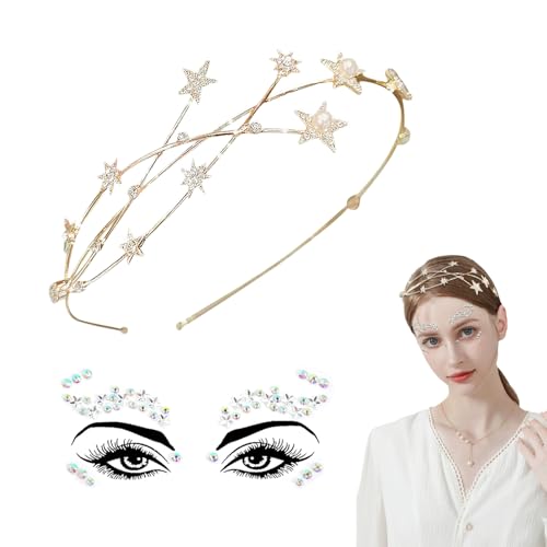 Stern Haarreif, Goldene Haarreifen Damen Glitzer, Haarreif Fasching, Stirnband Sterne（Aufsatz 1 stück Gesichtstattoo Glitzer）, Haarschmuck Hochzeit, Weihnachten Stirnbänder, für Festival Damen Braut von O-Kinee