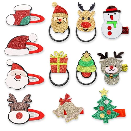 Weihnachts Haarschmuck, 12 Stück Haarspangen Mädchen Weihnachten, Haargummi Weihnachten, Weihnachtshaarspangen, Weihnachts Haargummi Mädchen Set, Haarschmuck Weihnachten für Party Weihnachtsgeschenke von O-Kinee