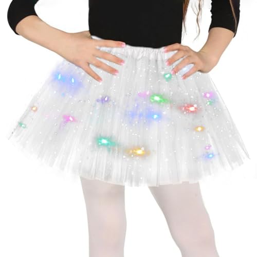 Weiß Tüllrock Mädchen, Sterne Pailletten Tanzkleid, Dehnbaren Minirock Mit LED Lichter, 30cm kleine Mädchen Tütü Rock Ballettrock für Fasching Halloween Karneval, Ballett Dress für 3-8 Jahre Kinder von O-Kinee