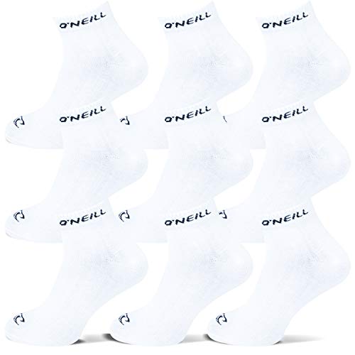 O'Neill Unisex Quarter Socken 9er Pack kurze Sportsocken Freizeitsocken Knöchelhoch Einfarbig Baumwolle Logo Männer Frauen Schwarz Weiß 35-38 39-42 43-46, Größe:39/42, Farbe:White (1010P) von O'Neill