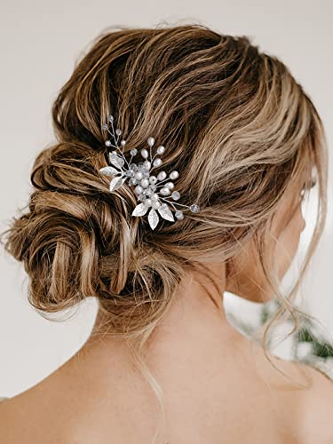 Vakkery Braut Hochzeit Haarkamm Silber Perle Kopfschmuck Blatt Hochzeit Haarschmuck für Damen und Mädchen von Vakkery
