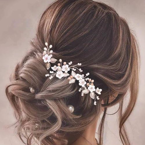 Vakkery Haarspange mit Blumen- und Perlenmotiv für die Hochzeit Haarschmuck für Brautjungfern silberfarbene Haarnadeln für Damen von Vakkery