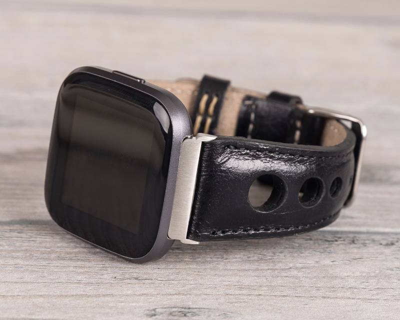 Schwarz Holo-Leder Fitbit Uhrenarmband, Versa 1-2-3-4-Lite-Sense-Sense 2 von AureoLeather
