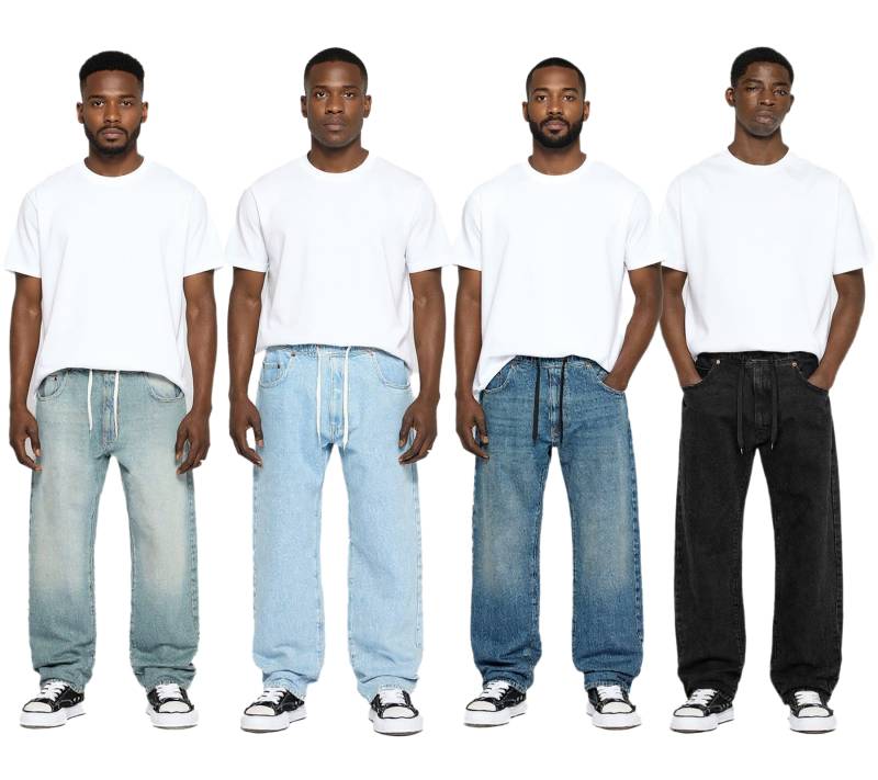 stylische Herren Jeans im Jogger-Stil Denim-Hose Baggy Leg mit Bindeband BR-12000 in Schwarz oder Blau von O46