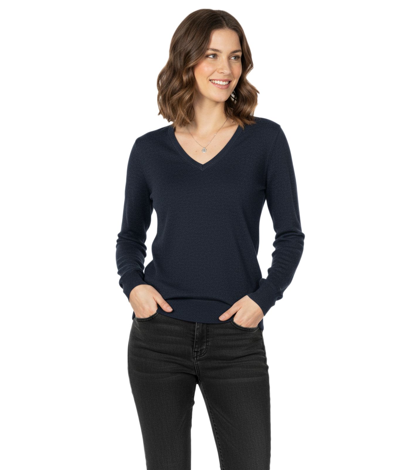 Modischer Damen Strick-Pullover mit Ton in Ton-Ellenbogen-Stoffpatches Merinowolle 134-034 Dunkelblau von O46HK