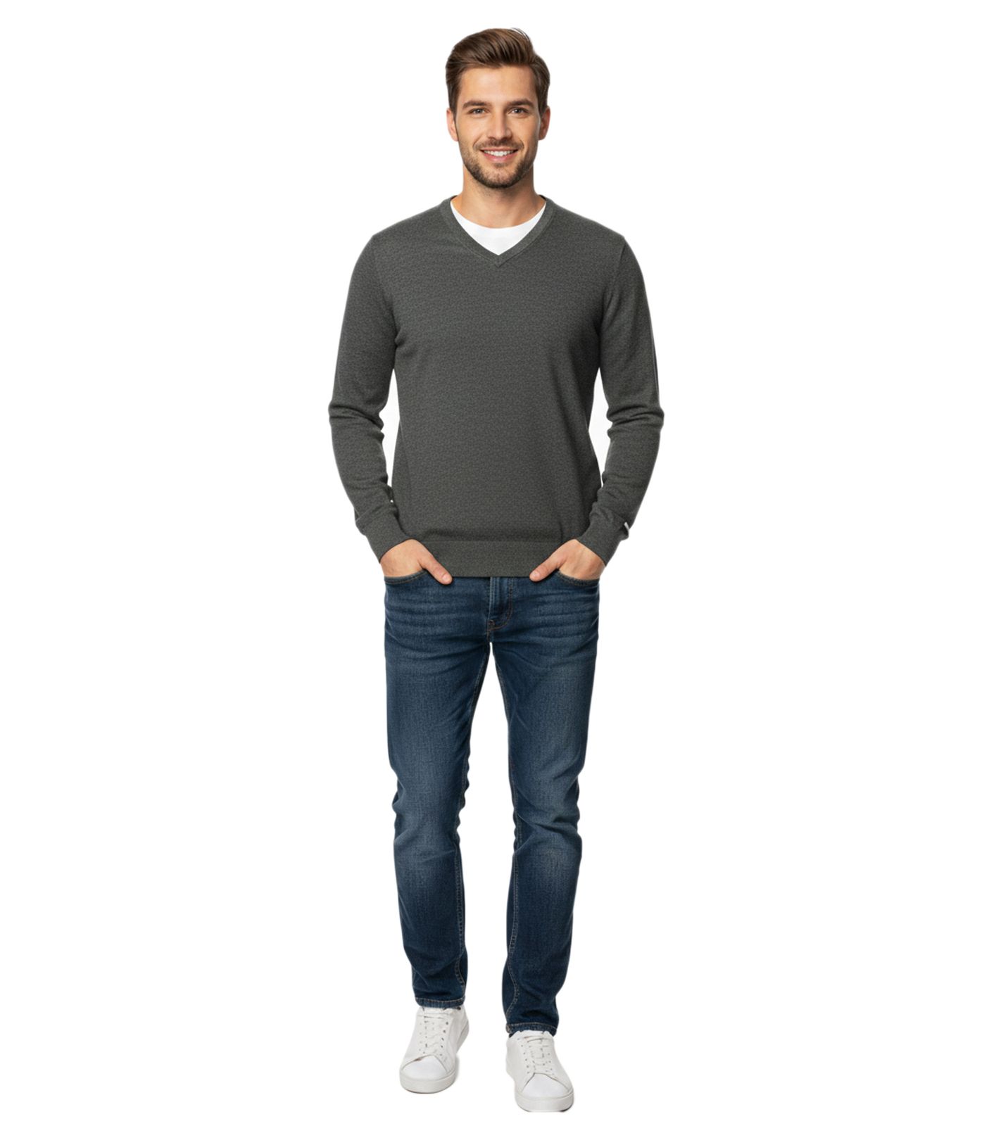Modischer Herren Strick-Pullover mit Ton in Ton-Ellenbogen-Stoffpatches Merinowolle 0144328003 328 Grau von O46HK