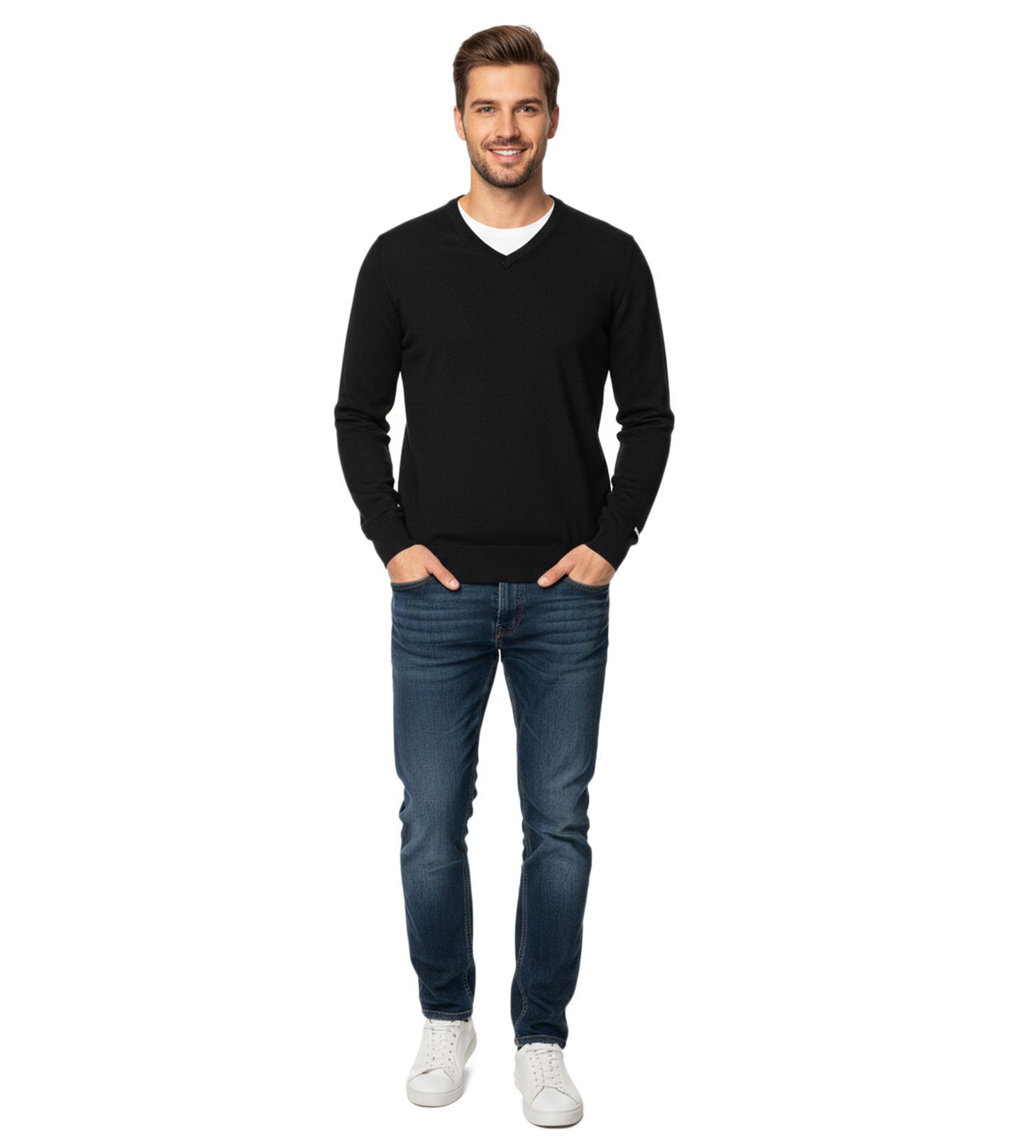 Modischer Herren Strick-Pullover mit Ton in Ton-Ellenbogen-Stoffpatches Merinowolle 144-005 Schwarz von O46HK