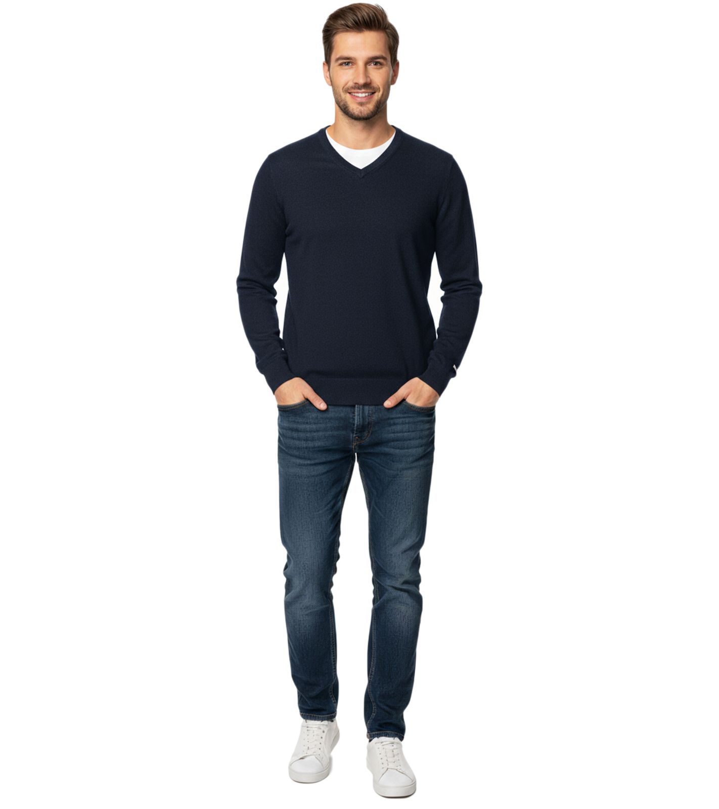 Modischer Herren Strick-Pullover mit Ton in Ton-Ellenbogen-Stoffpatches Merinowolle 144-034 Dunkelblau von O46HK