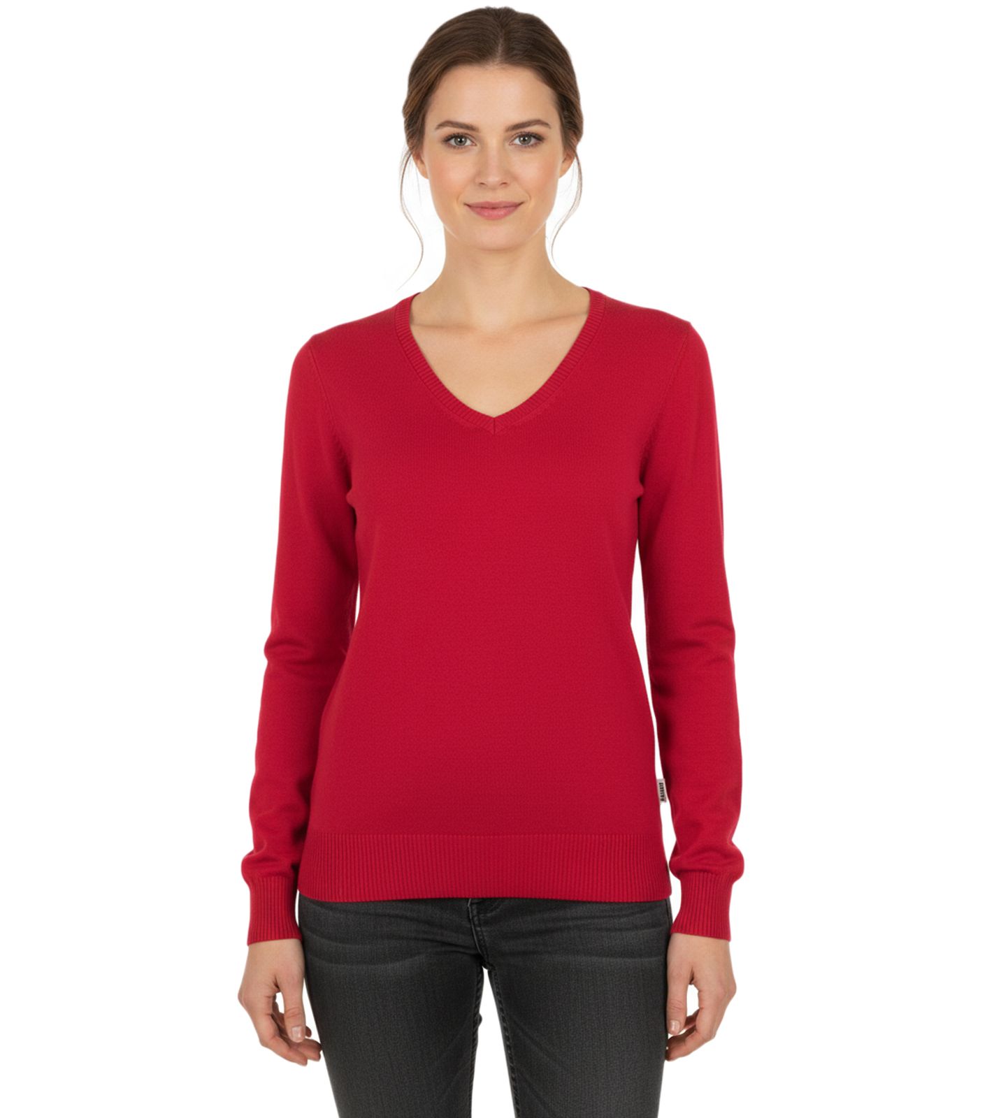 Stylischer Damen Strick-Pullover mit V-Ausschnitt Premium-Baumwolle 133-002 Rot von O46HK