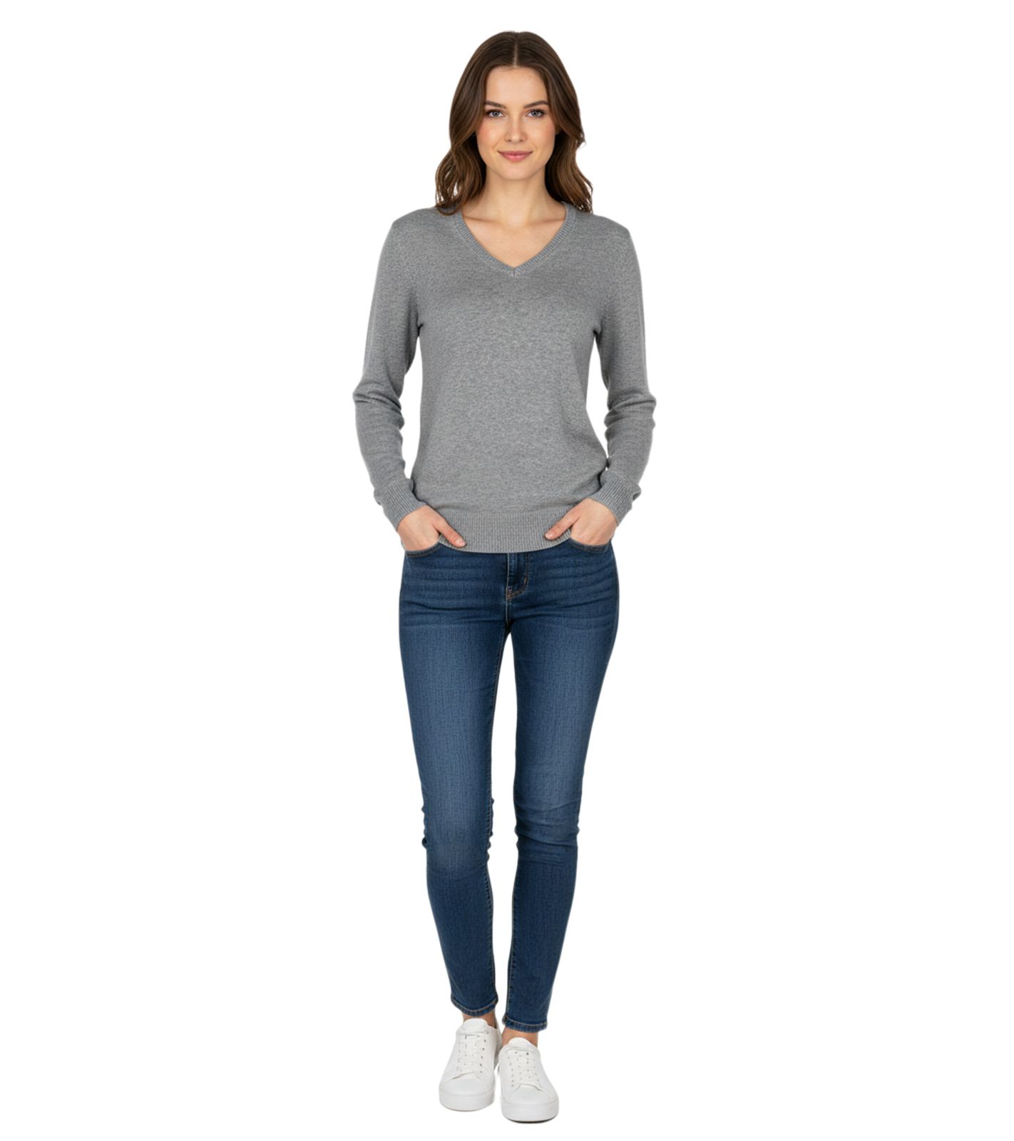 Stylischer Damen Strick-Pullover mit V-Ausschnitt Premium-Baumwolle 133-015 Grau von O46HK