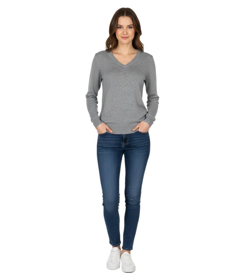 Stylischer Damen Strick-Pullover mit V-Ausschnitt Premium-Baumwolle 133-015 Grau von O46HK