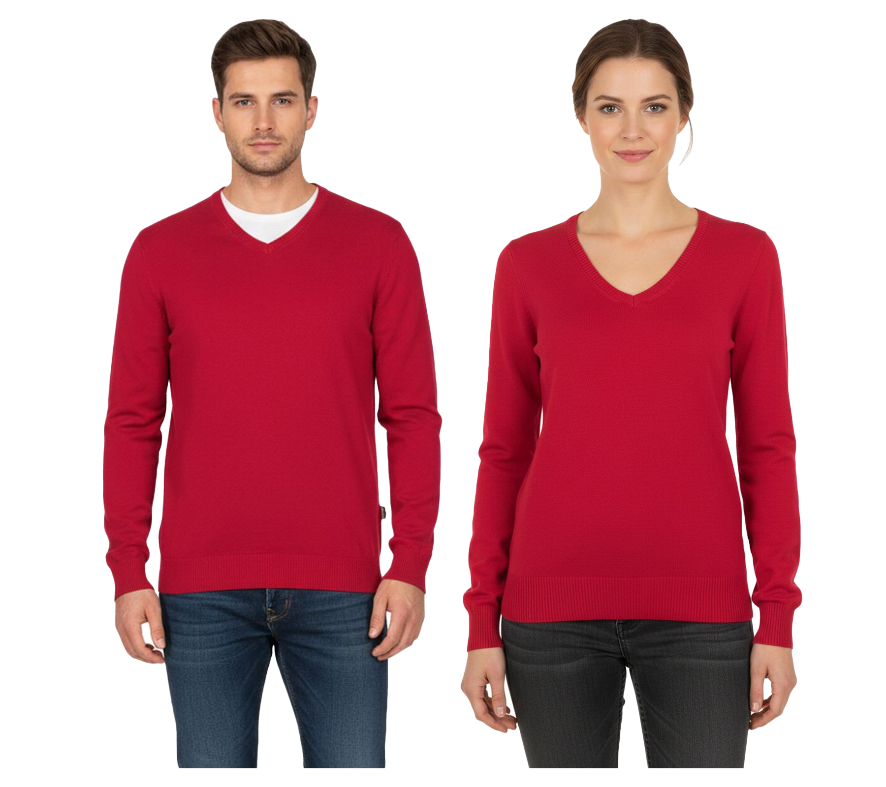Stylischer Damen & Herren Strick-Pullover mit V-Ausschnitt Premium-Baumwolle 002 Rot von O46HK