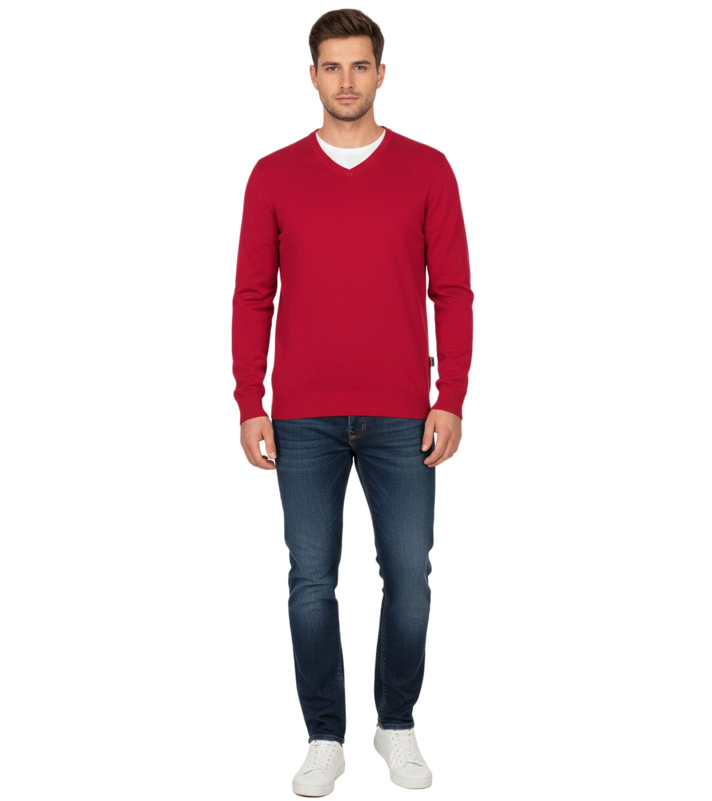 Stylischer Herren Strick-Pullover mit V-Ausschnitt Premium-Baumwolle 143-002 Rot von O46HK