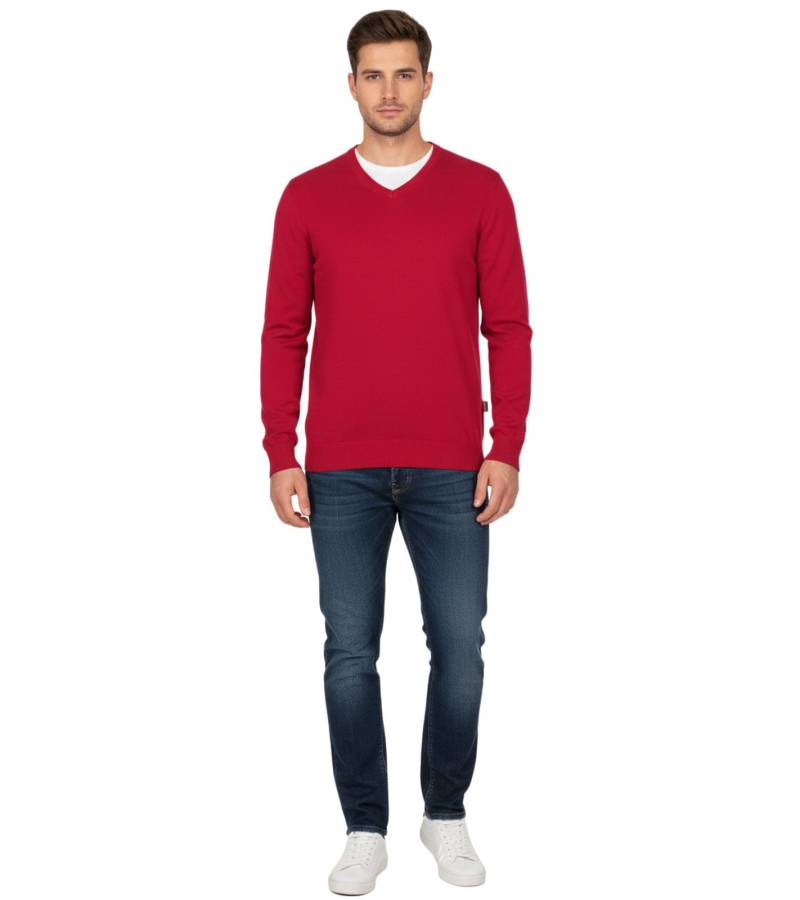Stylischer Herren Strick-Pullover mit V-Ausschnitt Premium-Baumwolle 143-002 Rot von O46HK