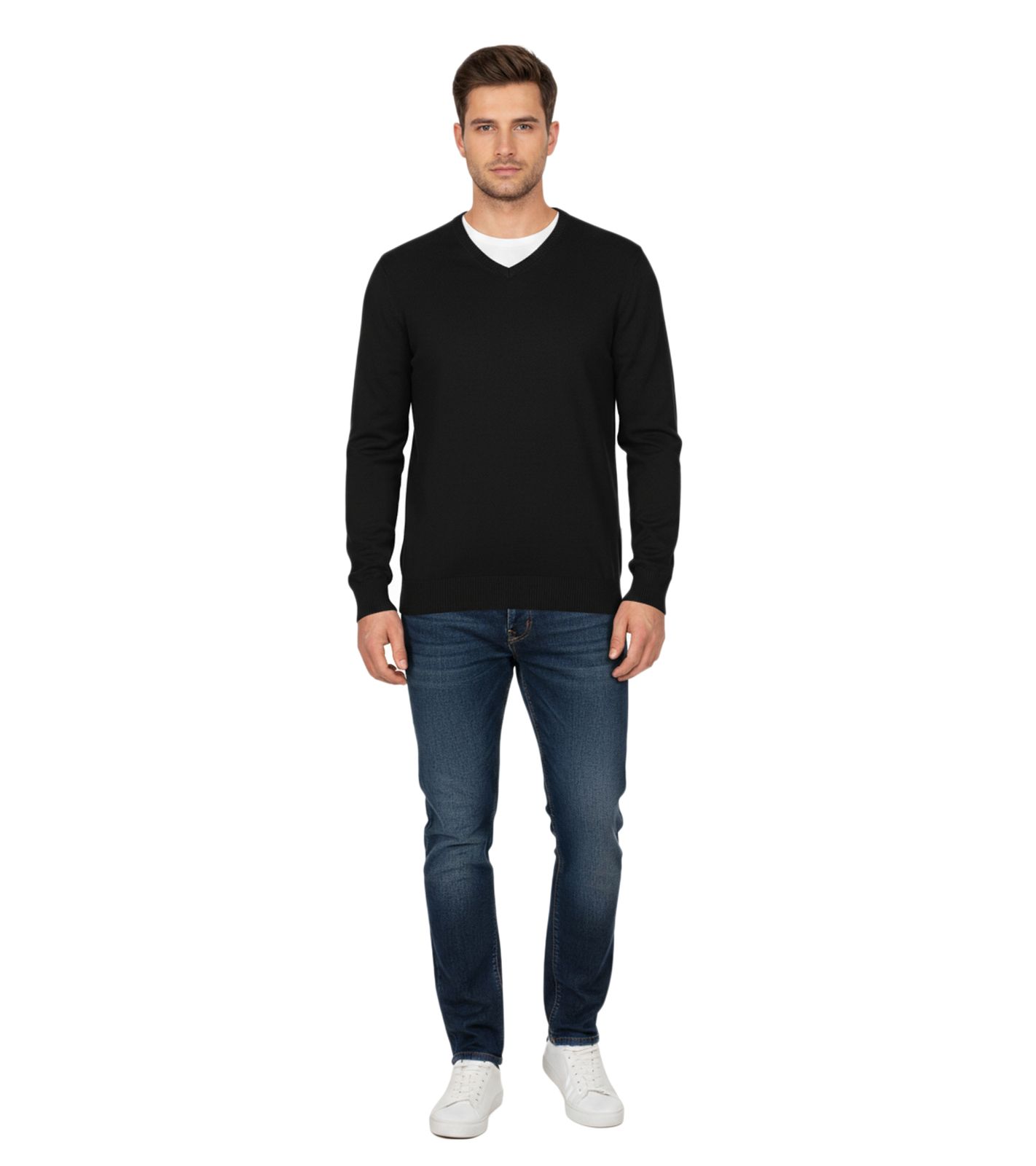 Stylischer Herren Strick-Pullover mit V-Ausschnitt Premium-Baumwolle 143-005 Schwarz von O46HK