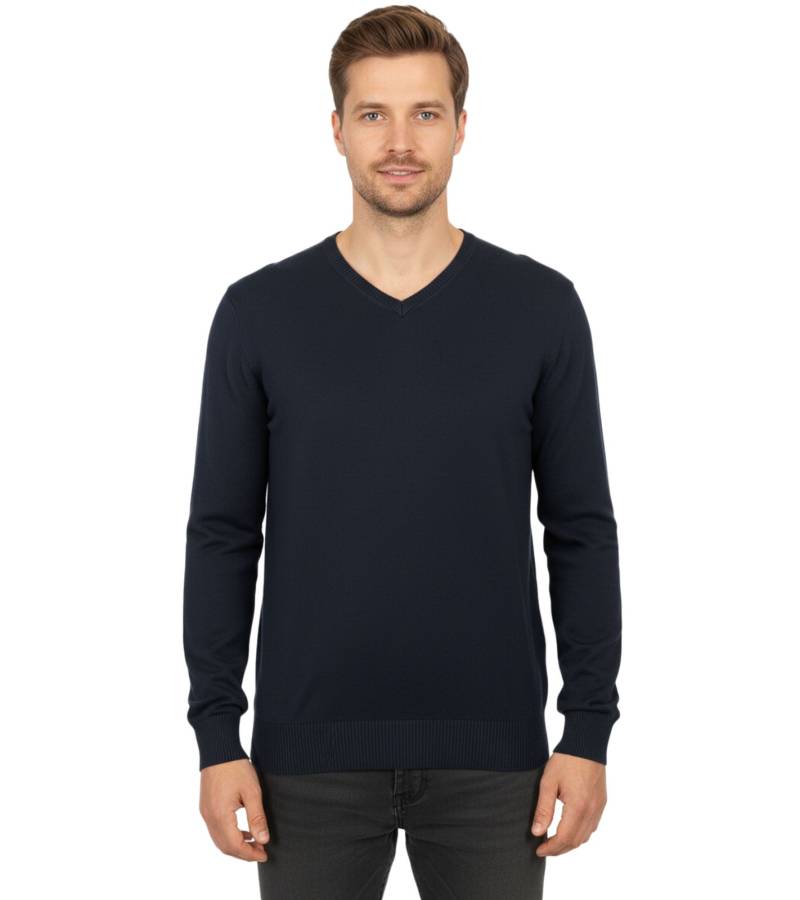 Stylischer Herren Strick-Pullover mit V-Ausschnitt Premium-Baumwolle 143-034 Dunkelblau von O46HK