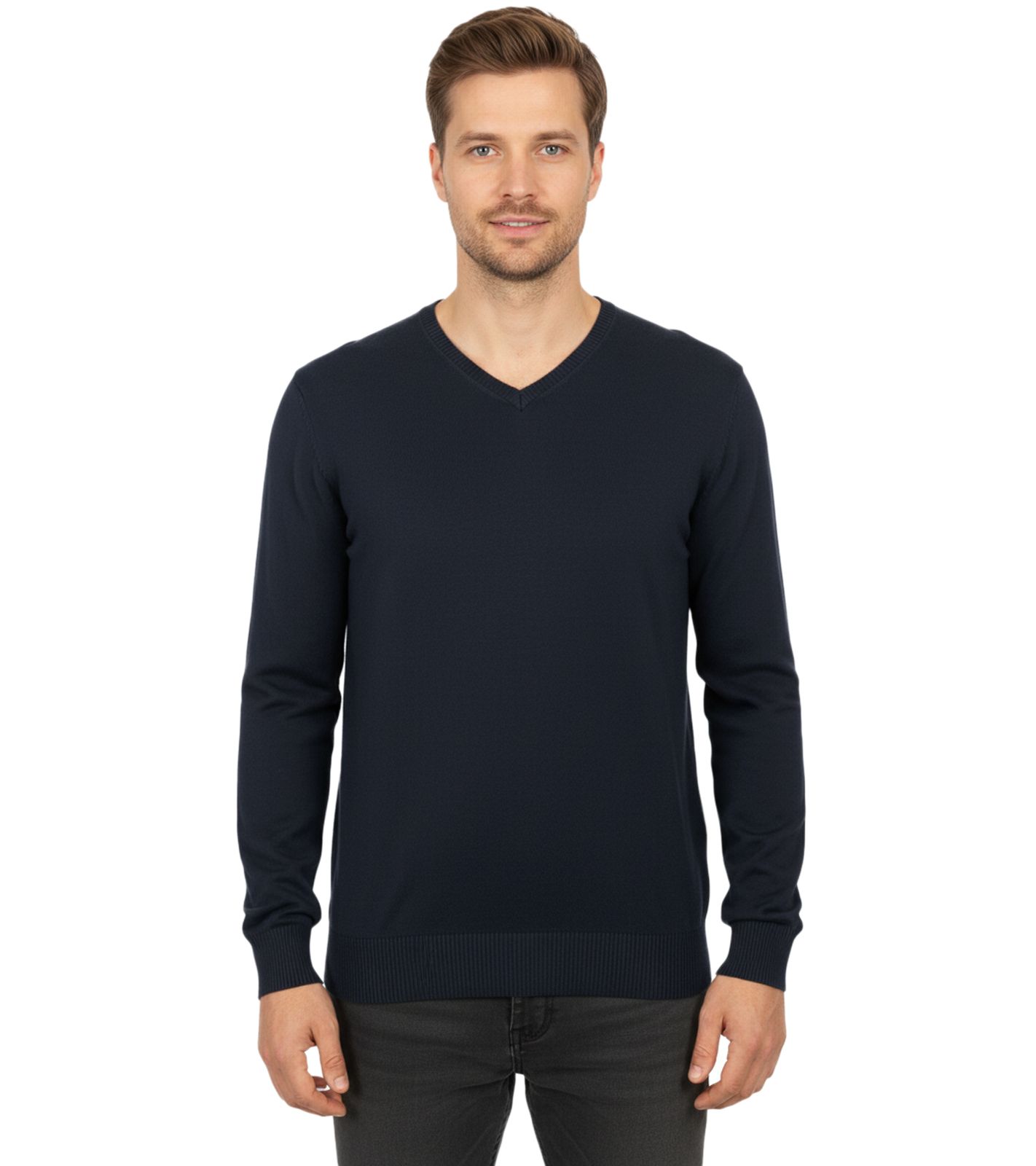 Stylischer Herren Strick-Pullover mit V-Ausschnitt Premium-Baumwolle 143-034 Dunkelblau von O46HK