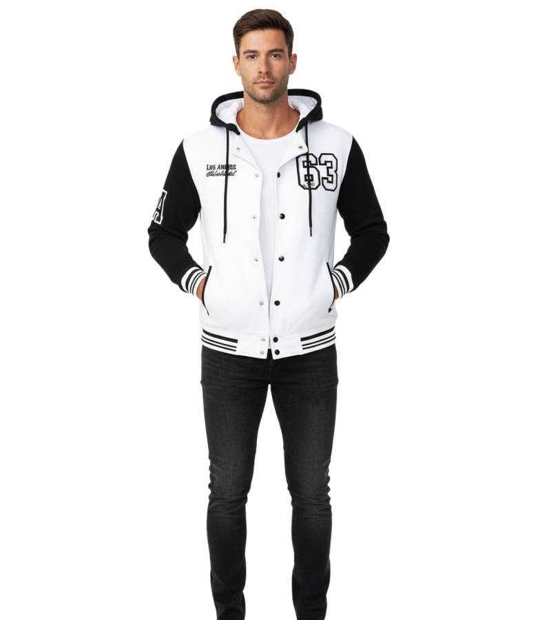 Lässige Sweat-Jacke für Herren im College-Style Kapuzen-Pullover Sweater 6876-1 Modell-1 Weiß/Schwarz von O46RN