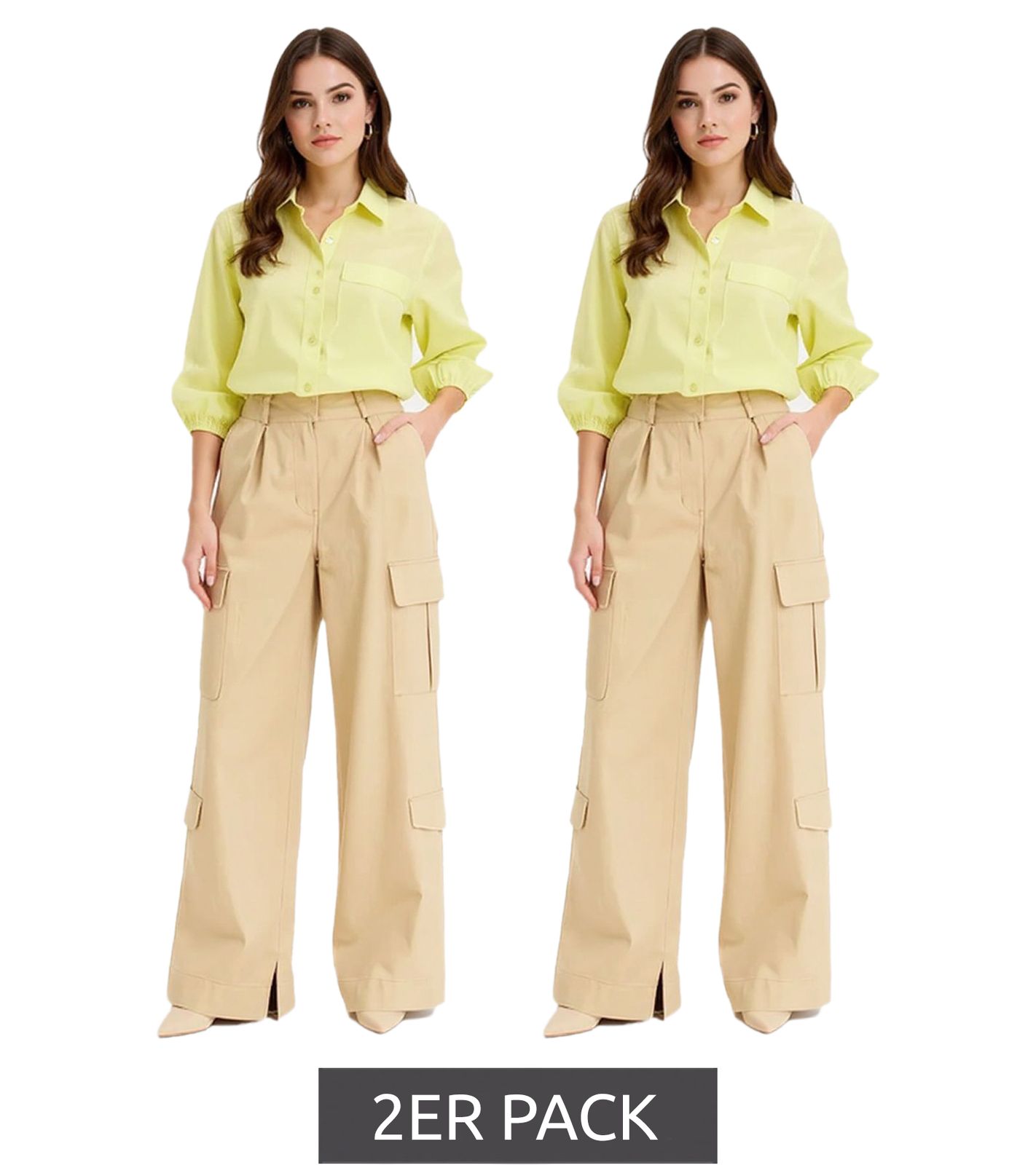 2er Pack Damen Cargo-Hose praktische Baumwolle Wide-Leg High-Waist Sommer-Hose 972109 Beige von O46bpx