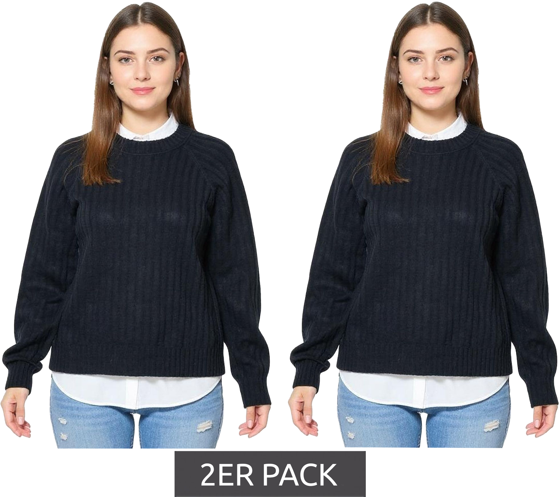2er Pack Damen Strick-Pullover mit Rundhals-Ausschnitt Alltags-Pullover Sweater 957804 Schwarz von O46bpx