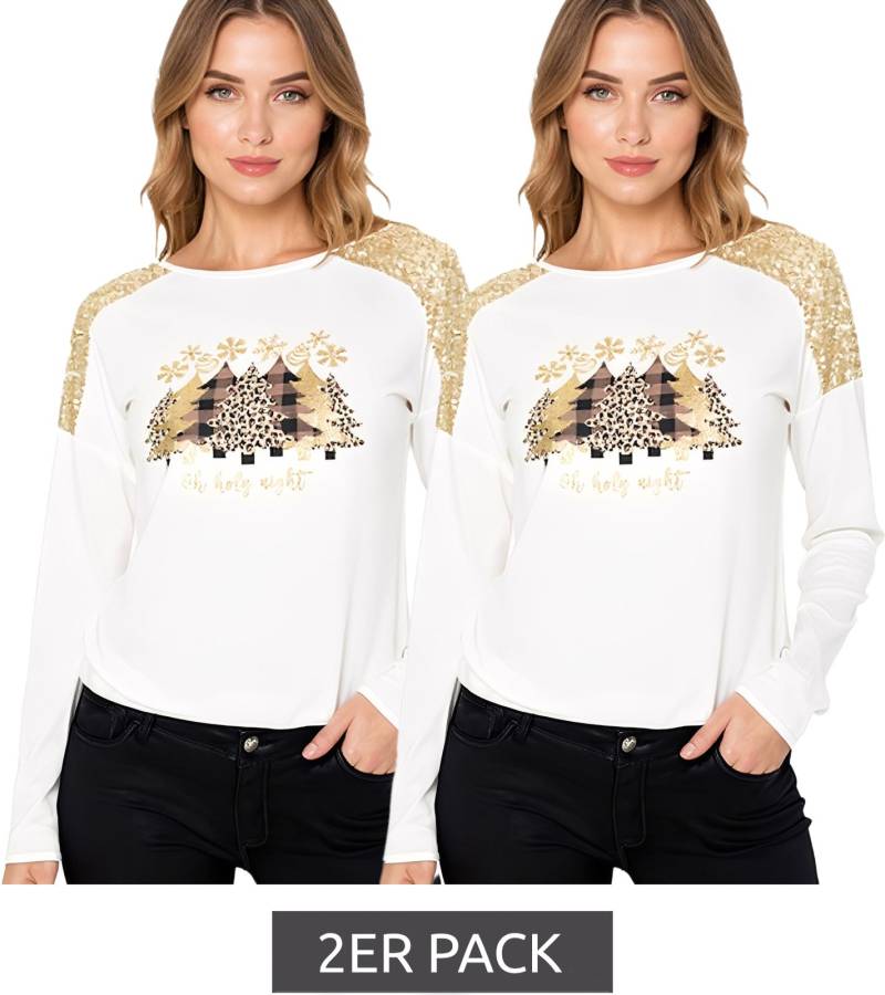 2er Pack Damen Weihnachts-Pullover mit Pailletten und Rundhals-Ausschnitt Tannenbaum-Pullover Langarm-Shirt mit Glitzer 951396 Weiß von O46bpx