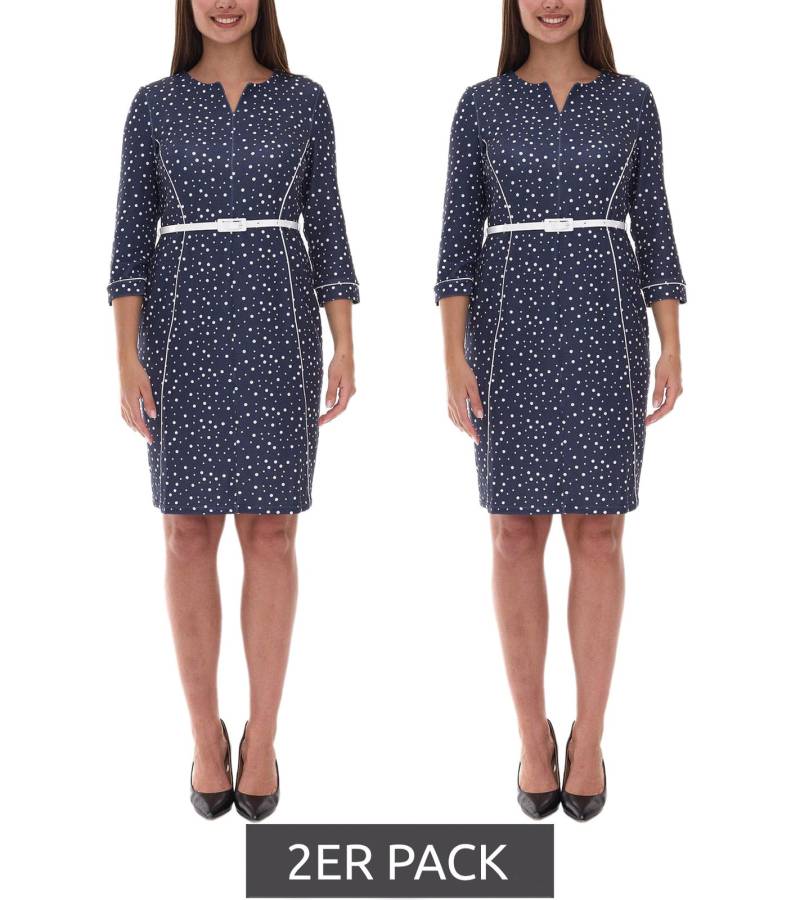 2er Pack gepunktetes Damen Frühlings-Kleid inklusive Gürtel Strand-Outfit Midi-Kleid 940590 Dunkelblau/Weiß von O46bpx