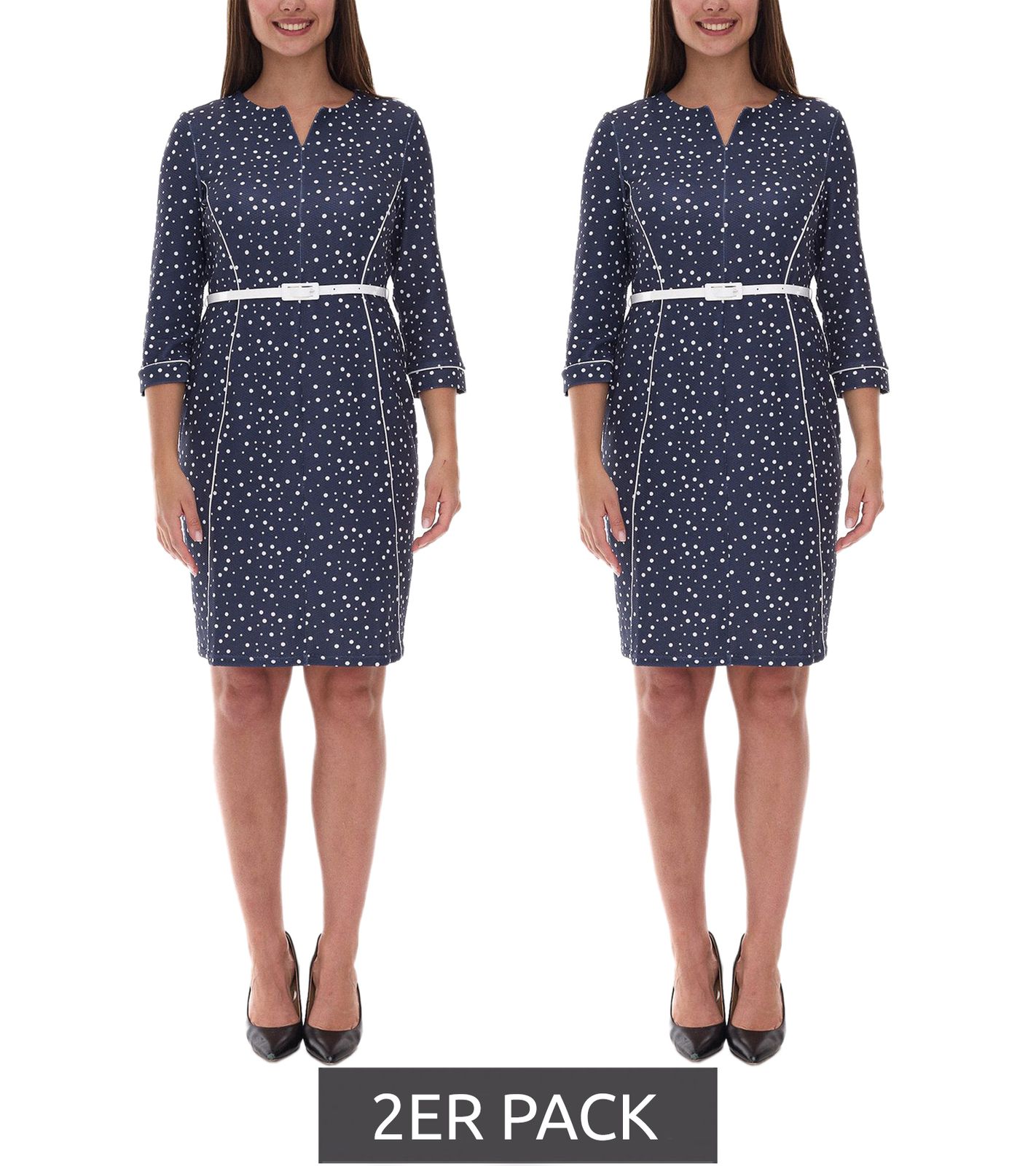 2er Pack gepunktetes Damen Frühlings-Kleid inklusive Gürtel Strand-Outfit Midi-Kleid 940590 Dunkelblau/Weiß von O46bpx