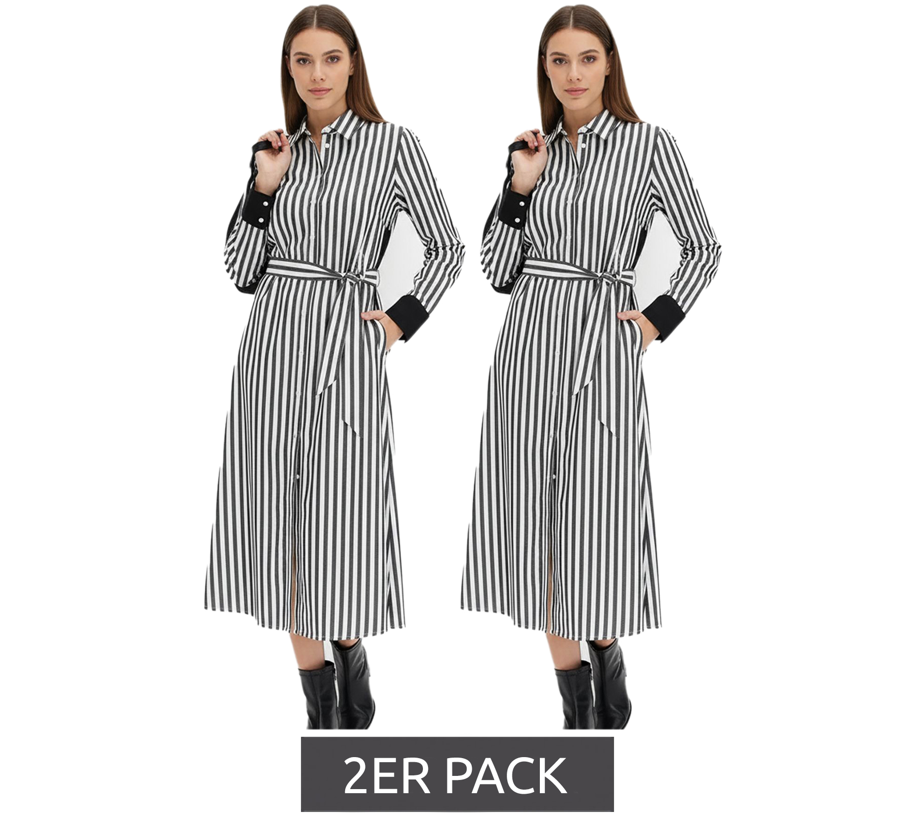 2er Pack klassisches Damen Midi-Kleid Hemdblusen-Kleid im Streifen-Design Baumwoll-Kleid 934129 Schwarz/Weiß 2er Pack klassisches Damen Midi-Kleid Hemdblusen-Kleid im Streifen-Design Baumwoll-Kleid 934129 Schwarz/Weiß von O46bpx