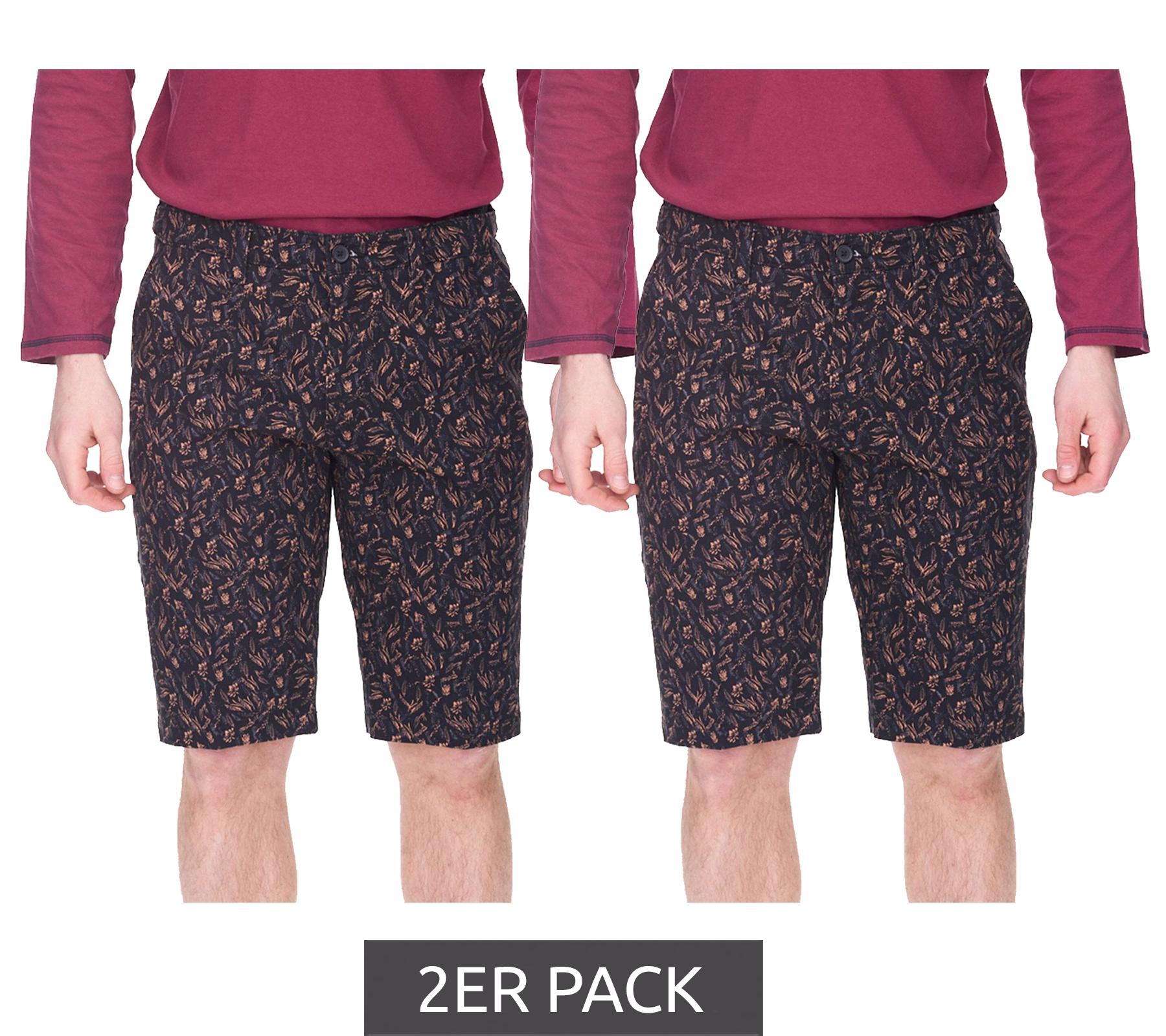 2er Pack modische Herren Stretch Bermuda Chino-Shorts Slim-Fit florale Baumwoll-Bermuda 913508 Schwarz von O46bpx