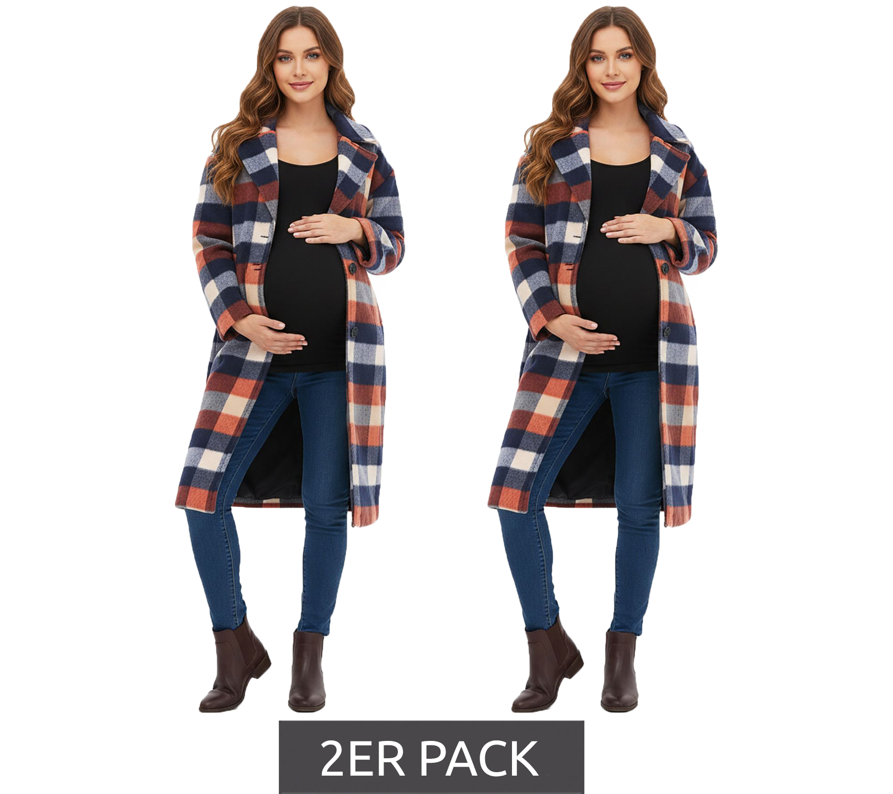 2er Sparpack 2in1 Mantel karierter Damen Mantel Umstandsmode Schwangerschafts-Jacke nachhaltige Jacke 943562 Blau/Rot/Beige von O46bpx