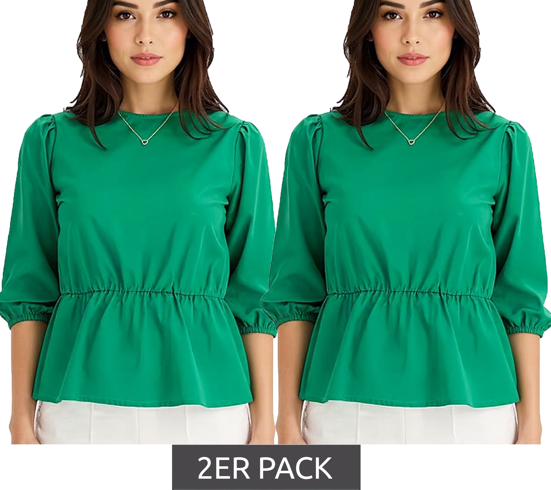 2er Sparpack Damen Bluse Rundhals-Bluse mit 3/4 Ärmeln und Taillengummi Baumwoll-Bluse 950069 Grün von O46bpx