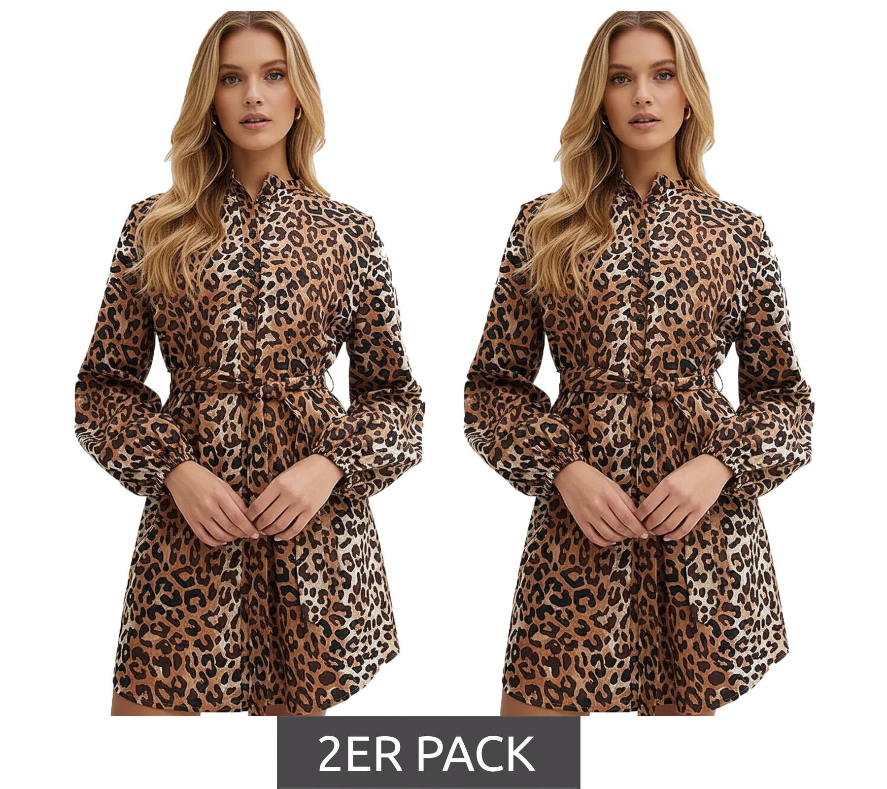 2er Sparpack Damen Blusen-Kleid Midi-Kleid mit Leopardenmuster Hemd-Kleid 974466 Braun/Schwarz von O46bpx