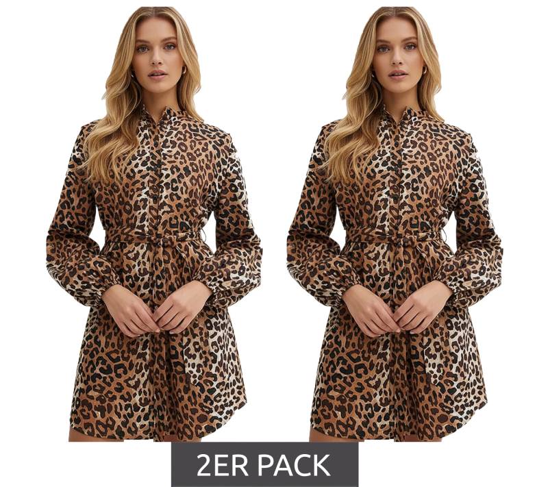2er Sparpack Damen Blusen-Kleid Midi-Kleid mit Leopardenmuster Hemd-Kleid 974466 Braun/Schwarz von O46BPX