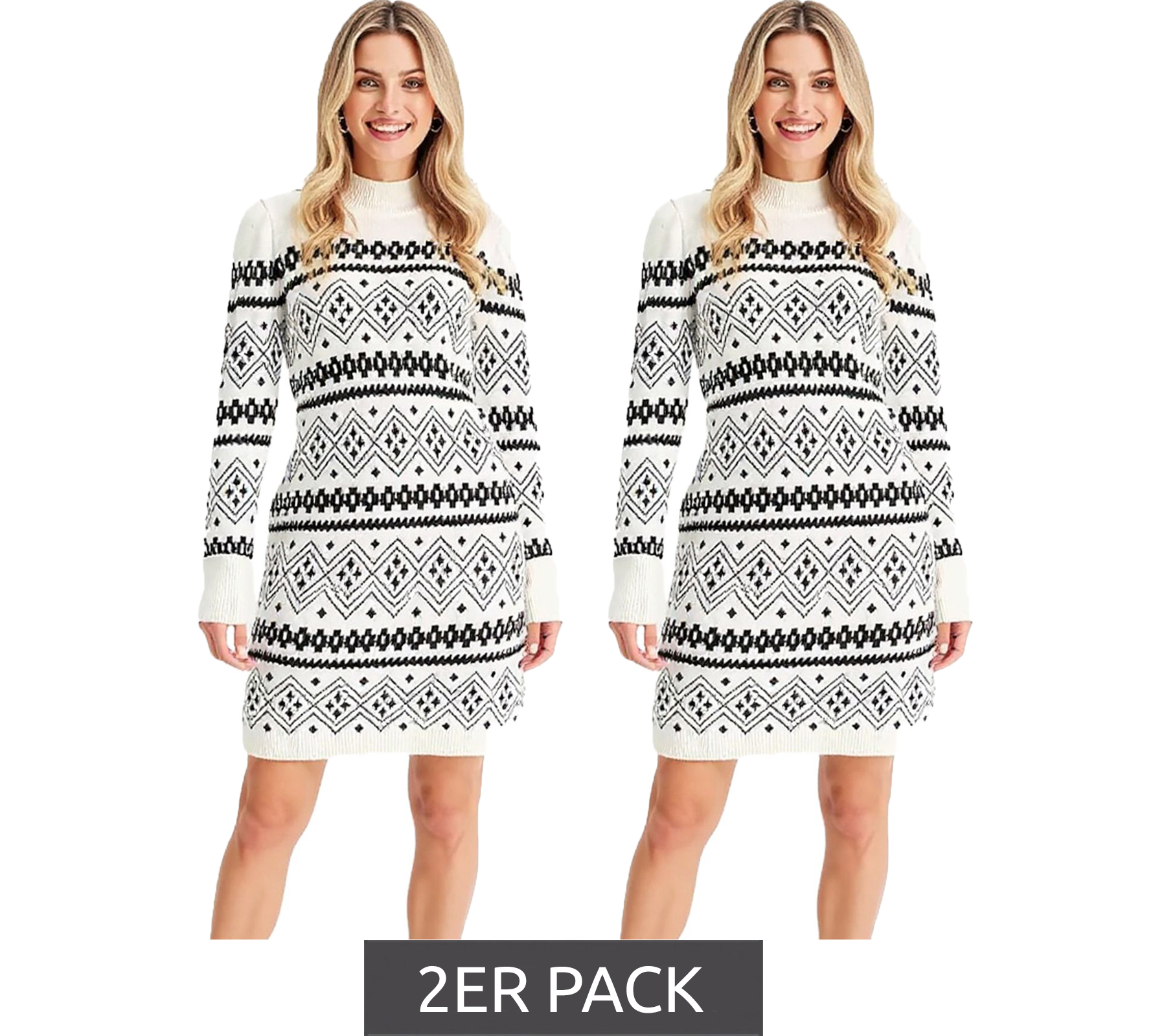 2er Sparpack Damen Fairisle-Strick-Minikleid mit Rollkragen Langarm-Kleid 946814 Weiß von O46bpx
