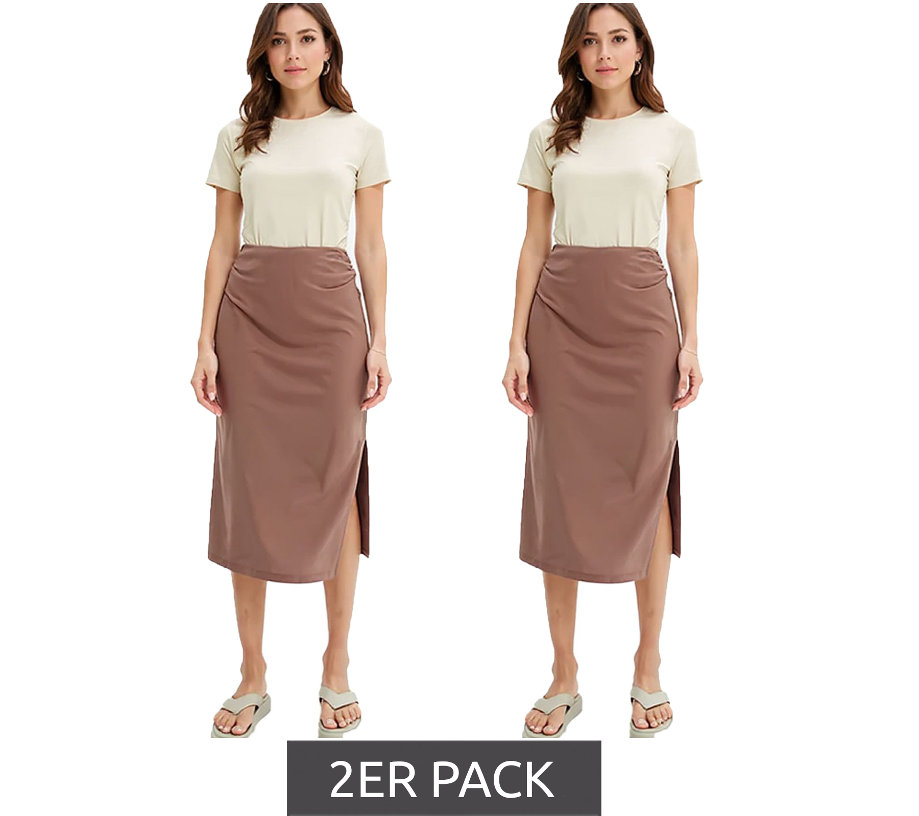 2er Sparpack Damen Midi-Rock stylischer Sommer-Rock mit Raffung und Schlitz 938576 Braun von O46bpx