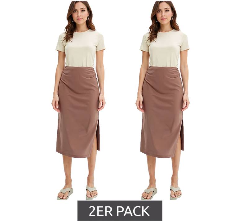 2er Sparpack Damen Midi-Rock stylischer Sommer-Rock mit Raffung und Schlitz 938576 Braun von O46bpx