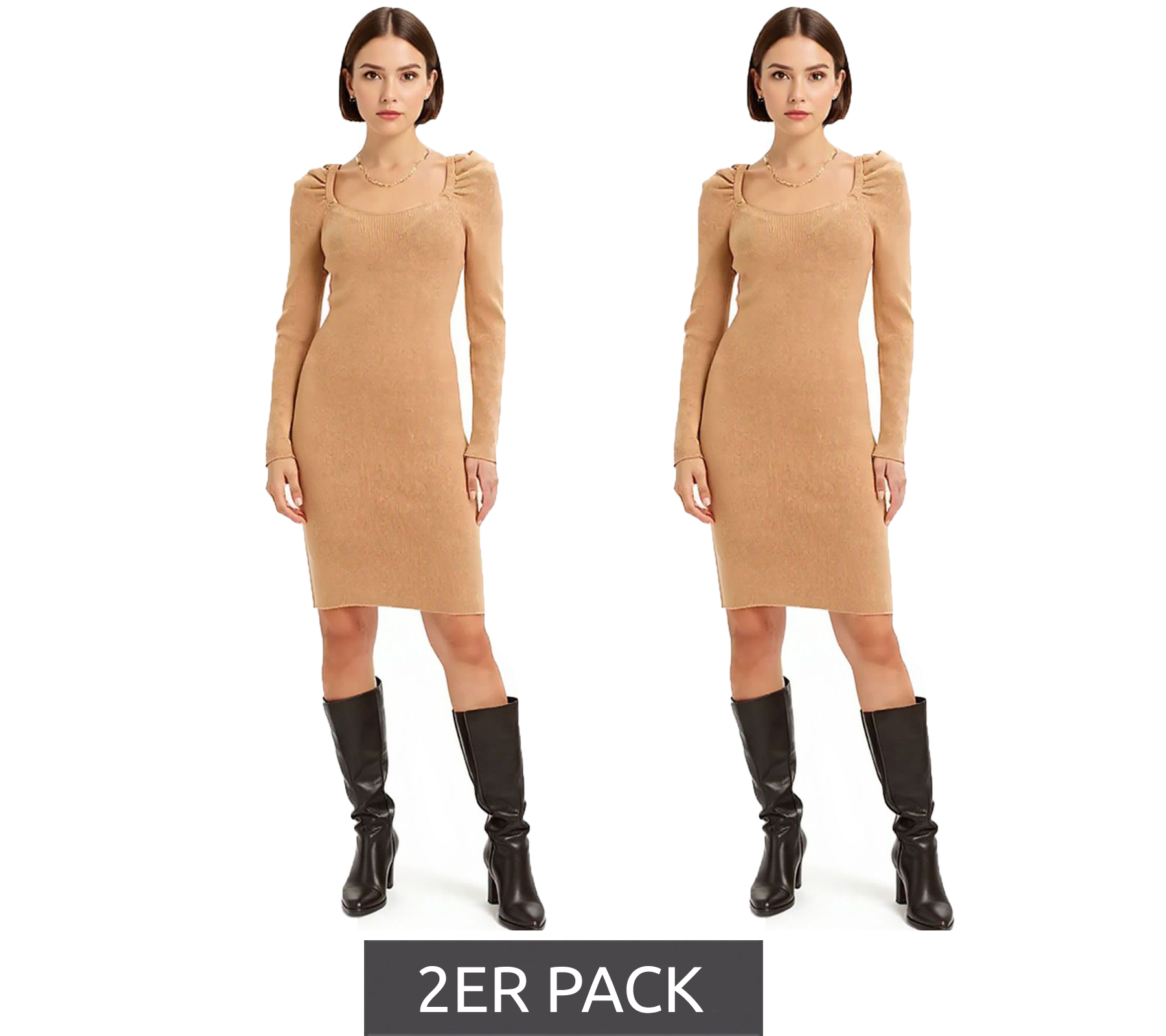 2er Sparpack Damen Ripp-Strick-Kleid mit Karree-Ausschnitt Mini-Kleid mit langen Ärmeln 921895 Braun von O46bpx