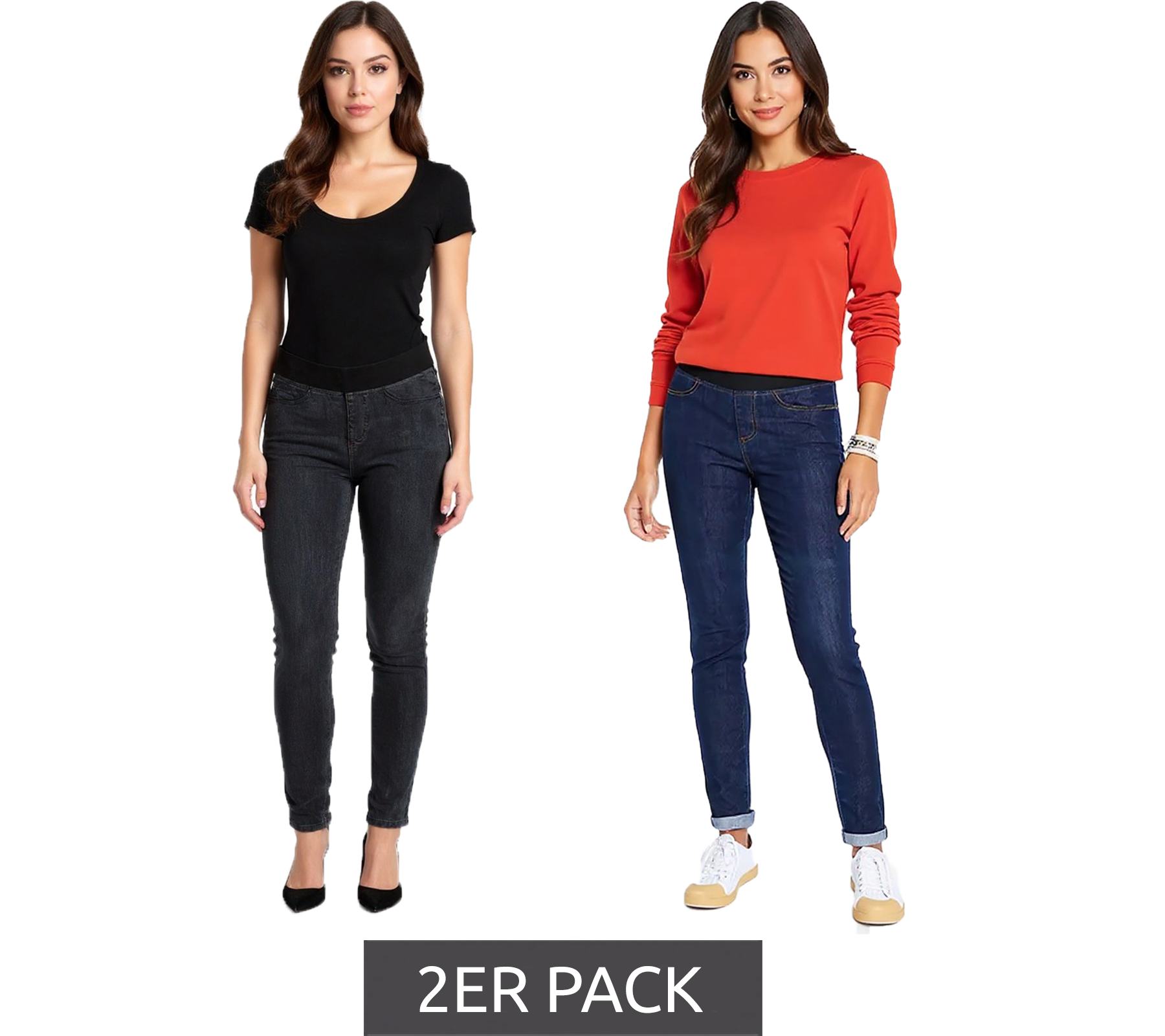 2er Sparpack Damen Skinny-Jeggings modische Denim-Hose mit Gummizug Komfort-Stretch 965587 Blau/Schwarz von O46bpx