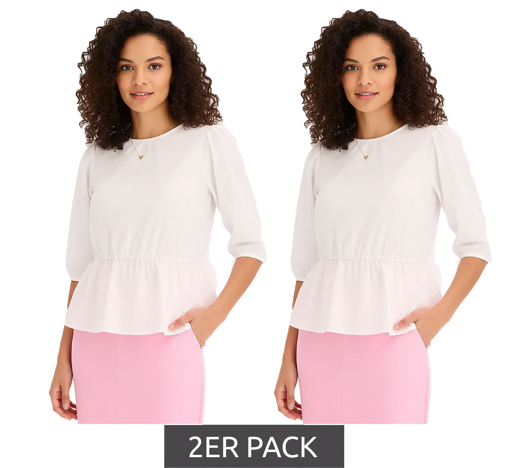 2er Sparpack Damen Sommer-Bluse Rundhals-Bluse mit 3/4 Ärmeln und Schößchensaum Baumwoll-Bluse 920934 Weiß von O46bpx