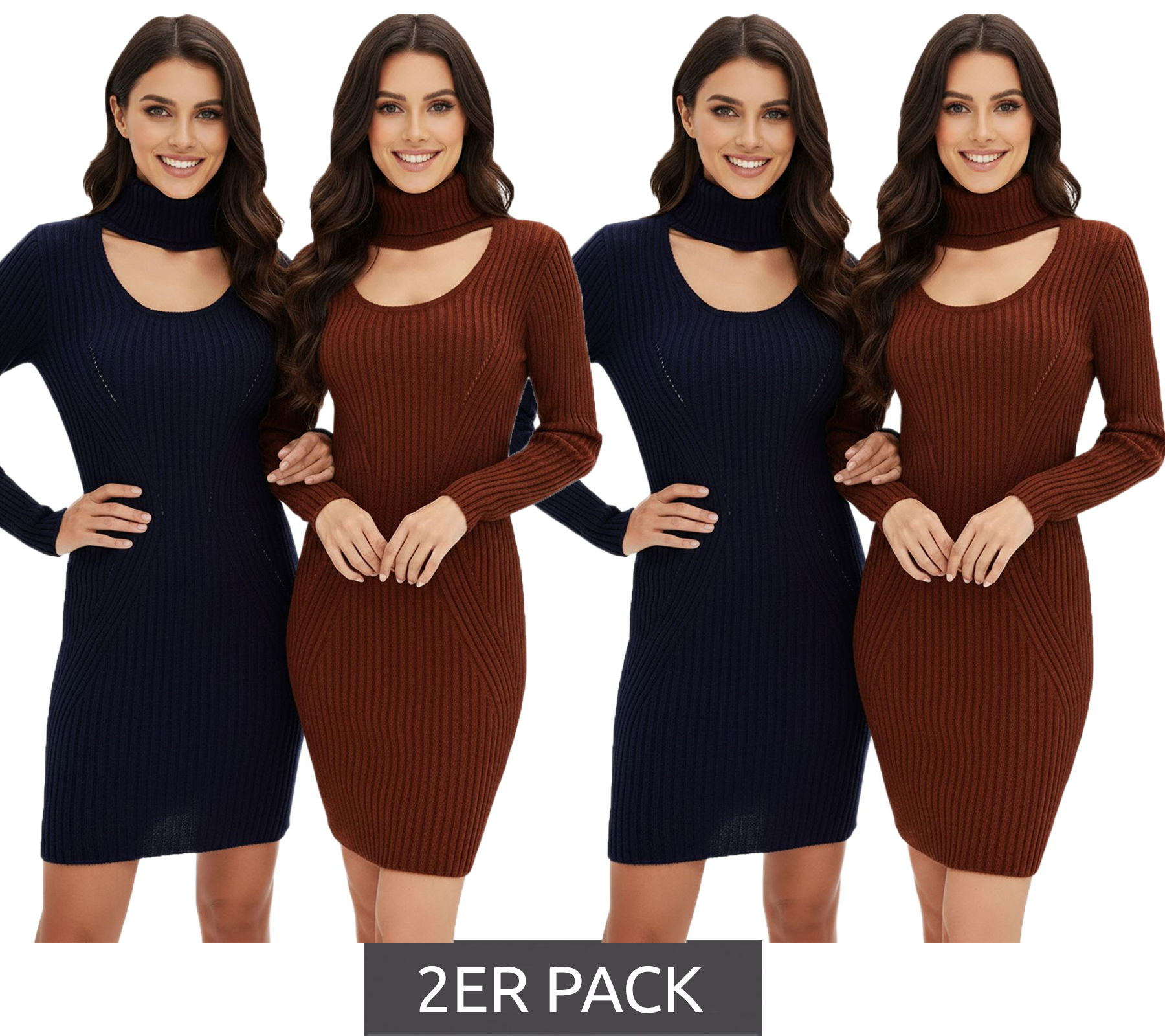 2er Sparpack Damen Strick-Kleid Mini-Kleid mit Rollkragen und Ausschnittdetails Langarm-Kleid in Mahagoni-Braun oder Dunkel-Blau von O46bpx