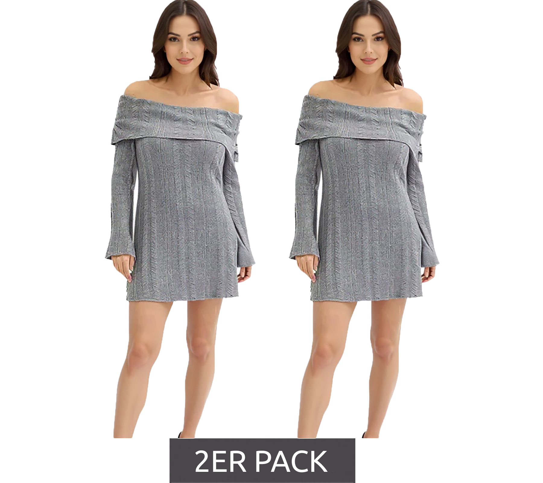 2er Sparpack Damen Strick-Kleid mit Bardot-Ausschnitt Mini-Kleid Schulterfrei 912333 Grau von O46bpx