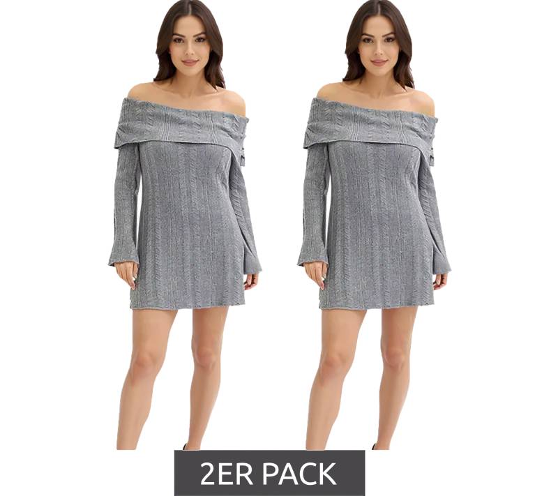 2er Sparpack Damen Strick-Kleid mit Bardot-Ausschnitt Mini-Kleid Schulterfrei 912333 Grau von O46BPX