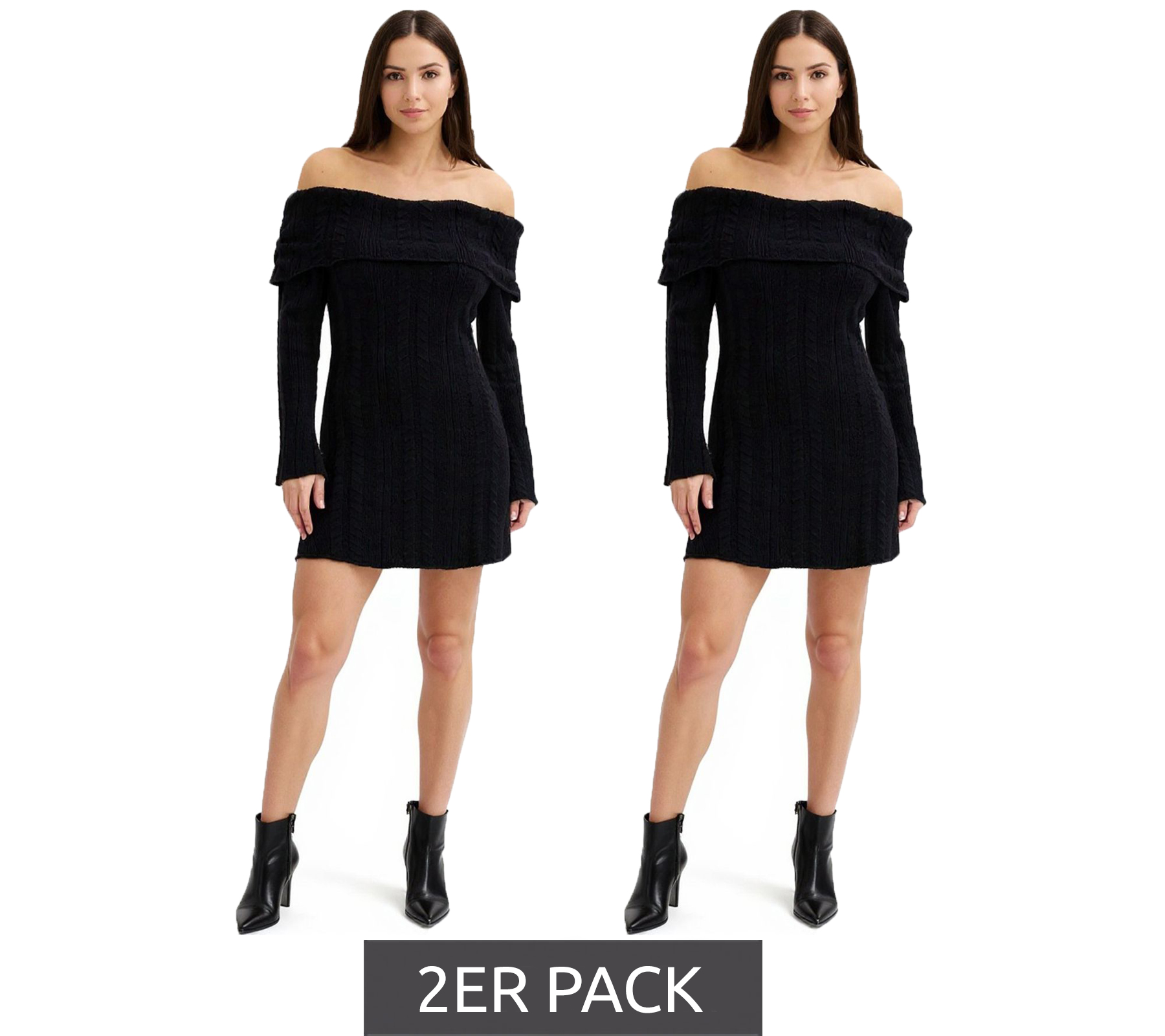 2er Sparpack Damen Strick-Kleid mit Bardot-Ausschnitt Mini-Kleid Schulterfrei 970506 Schwarz von O46bpx