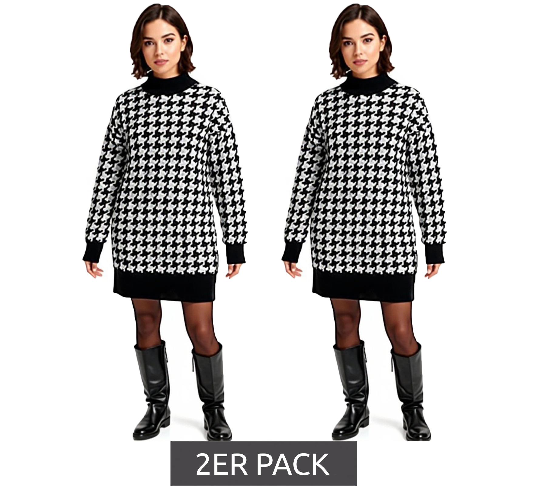2er Sparpack Damen Strick-Kleid mit Hahnentritt-Muster Mini-Kleid mit langen Ärmeln und Stehkragen 914658 Schwarz/Weiß 2er Sparpack Damen Strick-Kleid mit Hahnentritt-Muster Mini-Kleid mit langen Ärmeln und Stehkragen 914658 Schwarz/Weiß von O46bpx